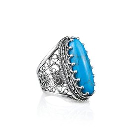 Filigranist 925 Sterling Silver Handcrafted Filigree Art Women Oval Boho Statement Ring with Gemstones, Gift Boxed (9, Turquoise)