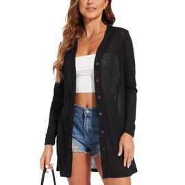 Spicy Sandia Women's Lightweight Sheer Summer Cardigans Button Down Long Sleeve Solid Kimono 2024 Spring Trendy Black M