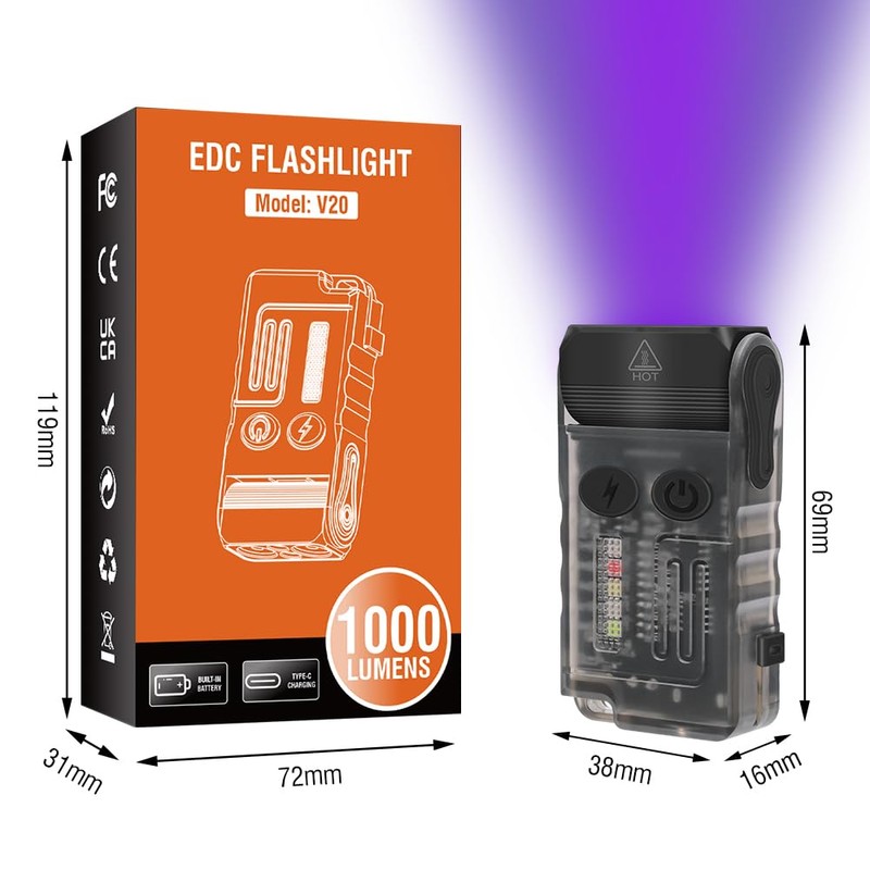 BORUIT V20 Small Flashlight EDC Flashlight with Clip,365nm UV,180°Head Swivels,Super