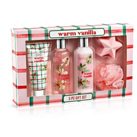 Freida & Joe Fragrance Bath & Body Collection Gift Box, Includes Shower Gel, Body Lotion, Body Scrub, Bath Bomb & Sponge (Warm Vanilla - Pink)