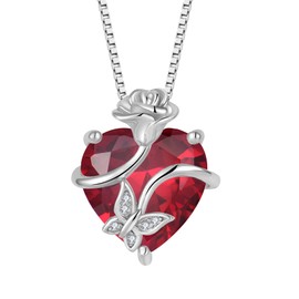 FJ Heart Butterfly Ruby Necklace 925 Sterling Silver Rose Flower Pendant July Birthstone Necklace Jewelry Gifts for Women