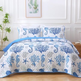 Heymybed Coastal Quilt Set King Size, 3 Pieces Blue Bedspread Coverlet with 2 Pillow Shams, Soft Microfiber Reversible Summer Beach Quilt Bedding Set for All Season 106"×92"