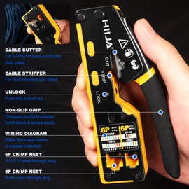 Hiija RJ45 Crimp Tool Kit Pass Through Cat6 Crimping Tool Kit, All-in-One Ethernet Crimper with Network Cable Tester, 50PCS Cat6 Connectors, 50PCS Boots, Mini Wire Stripper