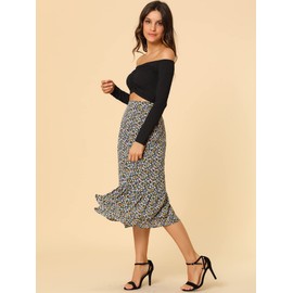 Allegra K Women's Printed Skirt Chiffon Elastic Waist Ruffle Tiered Flowy Midi Skirt Dark Blue-Floral 16