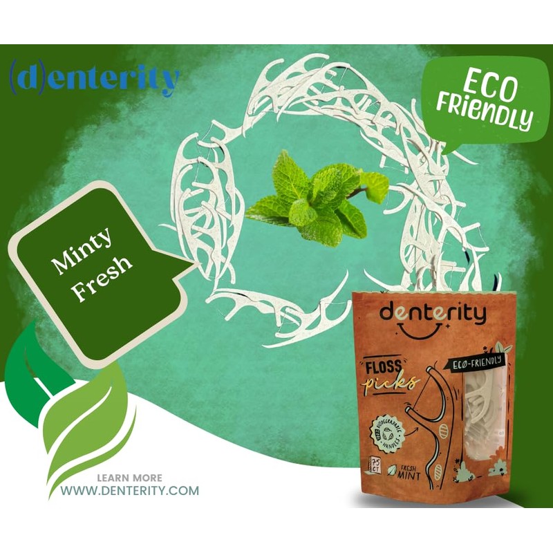 Denterity Biodegradable Dental Floss Picks, Earth Friendly Handle, Mint, 75ct
