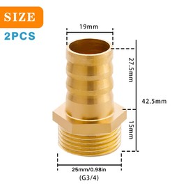 Threaded Hose Connector, Brass, G3/4 Inch Male Thread (Diameter 25.7 mm) x 3/4 Inch (19 mm) Barbed Nozzle, Pack of 2 Nipple Connectors, Pipe Adapter, Threaded, Screw-On Fitting