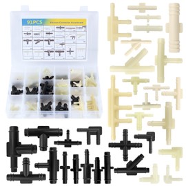 91PCS Car Vacuum Line Connectors Kit,Automotive Vacuum Hose Connector Assortment with 32 Sizes 1/8" 3/16" 1/4" 5/16" 3/8",Heavy-Duty Vacuums Line Fittings with Storage Box