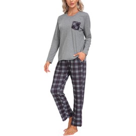 MoFiz Women Pajama Sets Long Sleeve Couples Matching Pajamas Soft Sleep Sets Lightweight Loungewear Sleepwear Nightwear Sets Christmas Holiday PJs Black Plaid Pants with Pockets 2XL
