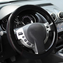 Huakaile Leather Car Steering Wheel Cover, Universal 14" 1/2-15" Steering Wheel Protector, Anti-Slip Steering Wheel Accessories for Women Men Truck Jeep (Black)