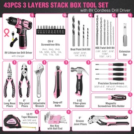 WORKPRO Pink Cordless Drill Driver with Toolbox, 43PCS Pink Tool Set with 8V Lithium-ion Power Drill and Bits, 2.0 Ah Portable Electric Screwdriver Home Tool Set with Stackable Box