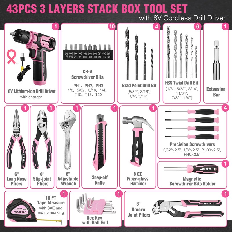 WORKPRO Pink Cordless Drill Driver with Toolbox, 43PCS Pink Tool
