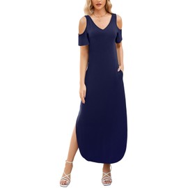 Gracyoga Maxi Dress for Women Casual Summer V Neck Cold Shoulder Short Sleeve Split Long Beach Dresses with Pockets Darkblue