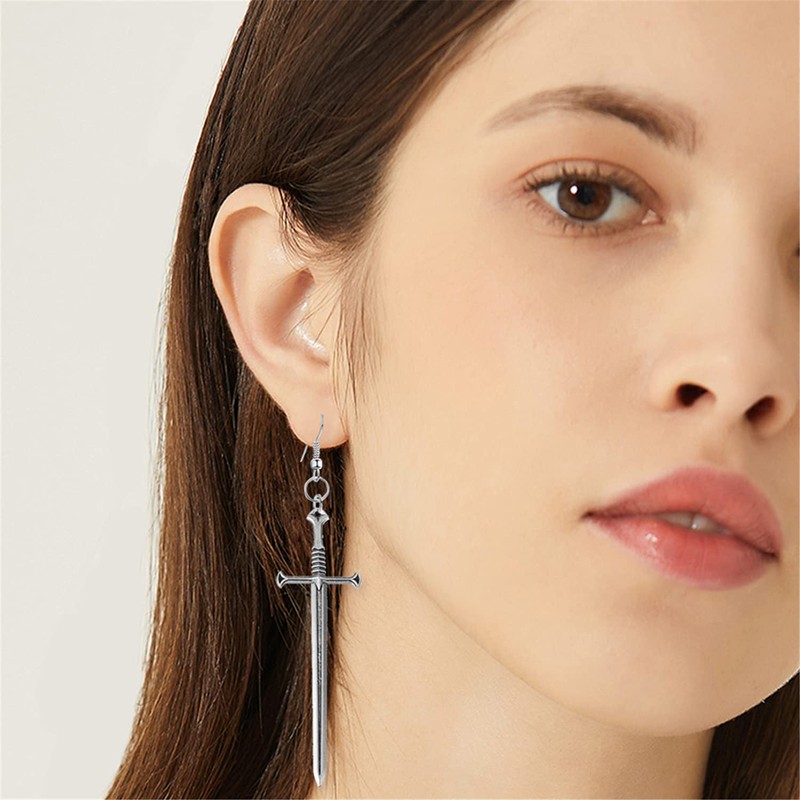 WUWEIJIAJIA Unique Retro Gothic Long Sword Hook Earrings Vintage Silver