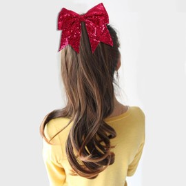 chiduerm 16Pcs Cheerleading Bows 8 Inch Large Cheer Hair Bows Grosgrain Ribbon Elastic Bands Handmade Ponytail Holder for Cheerleading Girls School College Sports (Sequin Hot Pink)