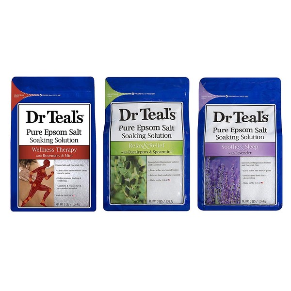 Dr. Teal's Epsom Salt Bundle, 3 Items: 1 Relax & Relief Eucalyptus Spearmint 3lbs, 1 Sooth & Sleep Lavender 3lbs and 1 Therapy & Relief Rosemary and Mint 3lbs.