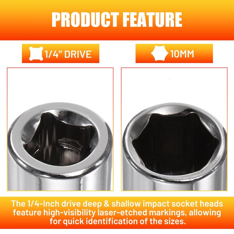 Bettinay 6 PCS 10mm Socket, 1/4-Inch Drive Deep and Shallow