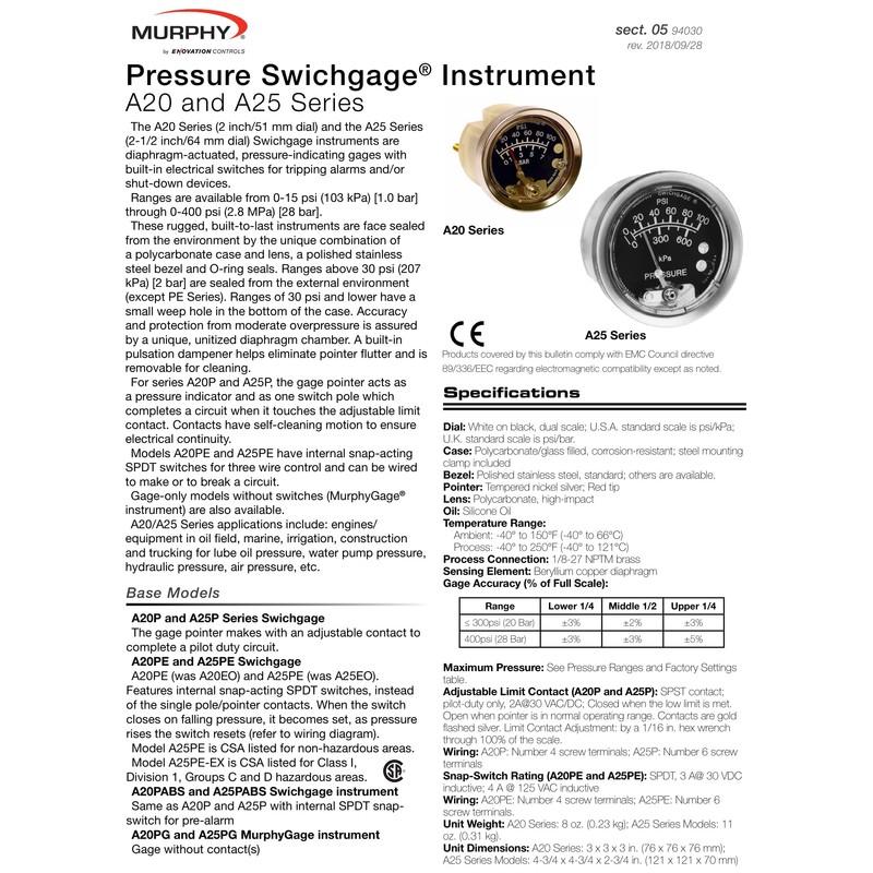 Murphy by Enovation Controls A20P-150 Pressure Swichgage (05704256)