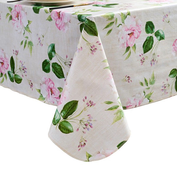LIBERECOO Reinforced Vinyl Tablecloth with Flannel Backing Waterproof Oil-Proof Floral