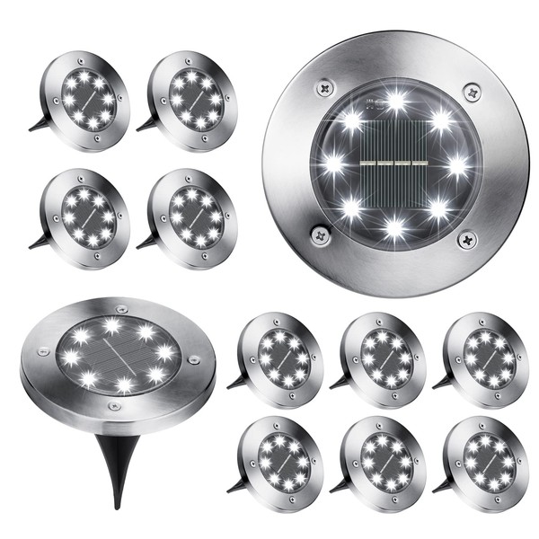 Brizled Solar Ground Lights, 12 Pack 8 LED Solar In-Ground Lights, Waterproof Solar Disk Lights Garden Lights Outdoor Landscape Lighting Disc Lights for Pathway Lawn Yard Driveway Walkway, Cool White