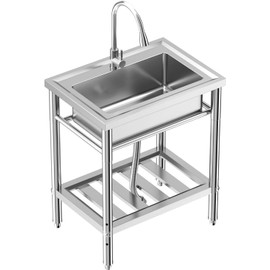 28"x20"x34" Stainless Steel Utility Sink, Freestanding Single Bowl with Hot & Cold Water Faucet, Commercial Kitchen Laundry Bathroom Garage Garden Sinks