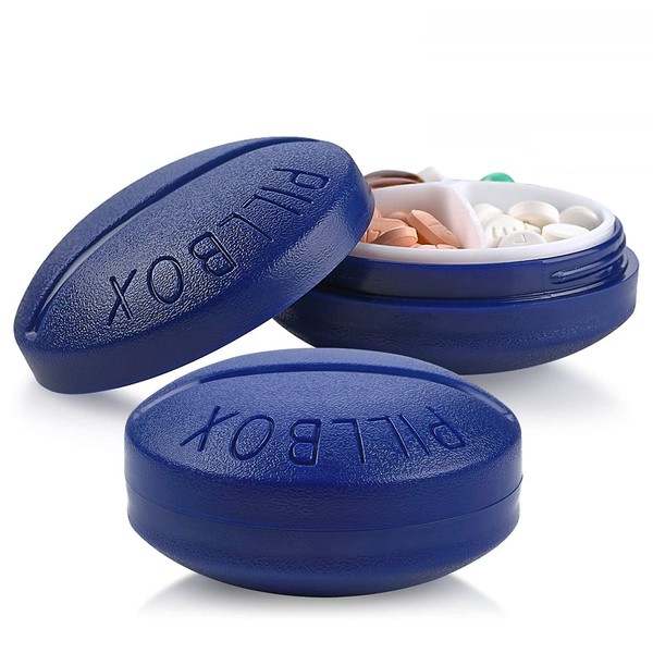 Small Pill Boxes - Pack of 2 - Mini Compact Round Portable 4 Compartment Travel Pills Case Organizer, Vitamin and Medication Dispenser Holder for Up to 4 Times a Day, BPA Free Pill Reminder