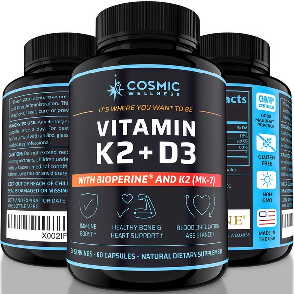 K2 D3 Vitamin Supplement 5000 Iu - Calcium with Vitamin D and K2 for Healthier Bones, Blood, Heart, and Better Immunity | Enhanced Calcium Absorption with Bioperine - Vegan D3 K2 Mk7 5000 Iu