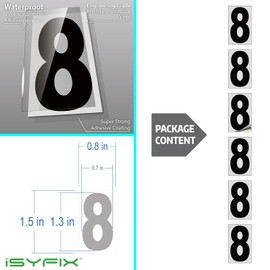 iSYFIX Black Vinyl Number 8 (Eight) Stickers - 6 Pack 1.5 inch - Premium Decal, Reflective Background Pre-Spaced for Mailbox, Signs, Window, Door, Car, Truck, Home, Business, Address, Indoor & Outdoor