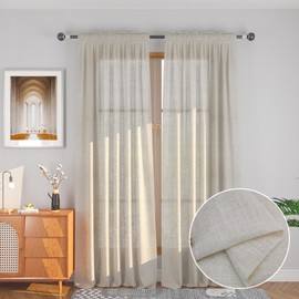 Beige Sheer Curtains Crude Natural Linen Texured Curtain Sheers 92 inches Drapes Farmhouse Vintage Rustic Living Room Divider Window Bedroom Kitchen Doorway 2 Panels Rod Pocket 52" Wx92 L