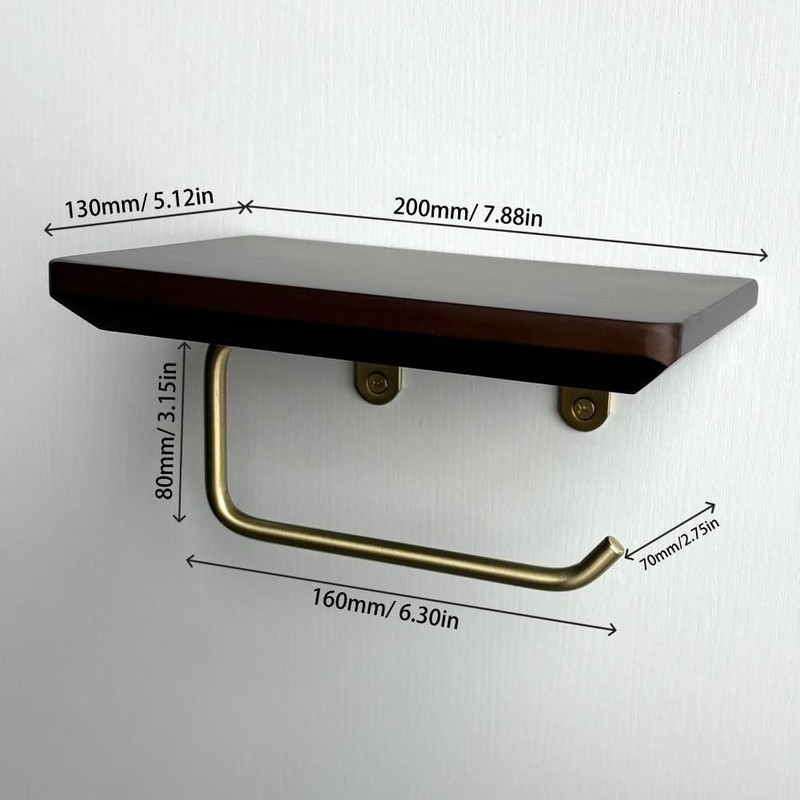 Solid Brass Toilet Paper Holder with Dark Brown Wood Shelf,