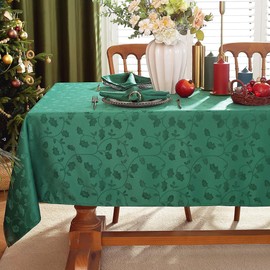 SASTYBALE Christmas Tablecloth Rectangle, Spillproof and Wrinkle Resistant Jacquard Table Cloth with Holly Leaves Patterns for Dining Room & Holiday Decoration (Green, 152 x 259 cm (8-10 Seats))
