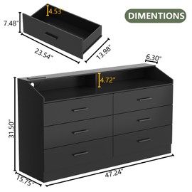 Gyfimoie 6 Drawer Dresser with Charging Station, Dresser for Bedroom with LED Light, Chest of Drawers for Closet, Modern Dressers with Open Storage Cubby, Double Wide Dressers for Living Room (Black)
