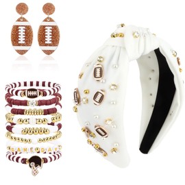 Norbiariz 11 Pcs Game Day Football Accessories White Set Charm Bracelet Earrings Football Headband for Women for Mother's Day Christmas Birthday Fans Gifts