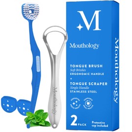 Soft Bristle Tongue Brush and Tongue Scraper for Adults (2 Pack), Reduce Bad Breath & Improve Oral Hygiene, Tongue Scraper Brush Ergonomic Handle & Protective Cap, Tongue Cleaner for Adults