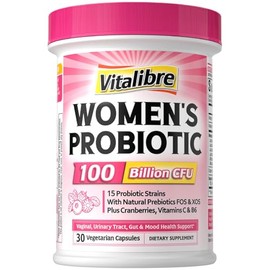 Vitalibre Probióticos para mujeres 100 mil millones de UFC 15 cepas, suplemento probiótico y prebiótico diario con arándano orgánico para apoyar el...