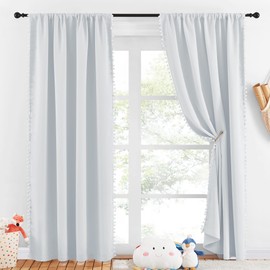 NICETOWN Pom Poms Trimming Blackout Curtains, Farmhouse Blackout Window Curtains Set of 2 Panels, Thick Thermal Insulated Vertical Drapes for Girls Boys Room Playroom, Greyish White, W52 x L84 inch