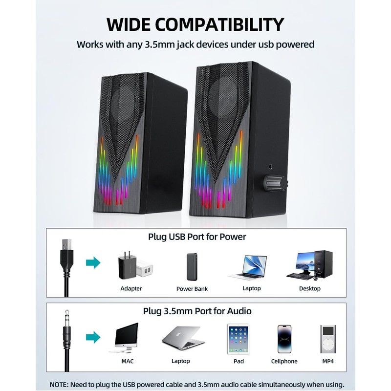 Uakinat Computer Speakers with 6 Colorful RGB Lights,USB Powered 3.5mm