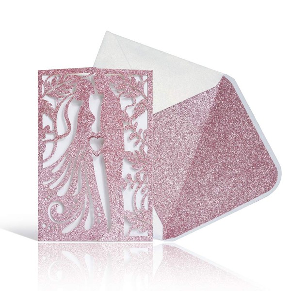 Laser Cut Wedding Invitations with Envelopes -25pcs 4.7"*7" Kiss Lover Wedding invites Cards Kit With Printable Inner Sheet,white+Pink Glitter Envelopes for Wedding Anniversary(Pink Glitter)