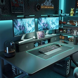 Dual Monitor Stand Riser with 2 Drawers - 39Inch Large Storage Computer Monitor Stands for 2 Monitors, Wooden Desktop Organizer Perfect for Home Office Desk, Computer, Laptop, TV, Black