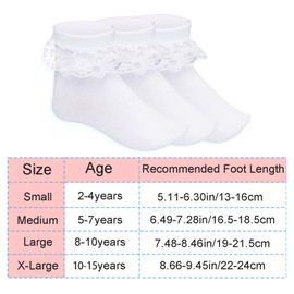 Pistha 3 Pairs Girls Ruffle Socks White Ruffled Lace Socks for Girls Toddler Frilly Dress Socks(Aged 10-15 years)
