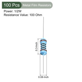YOKIVE 100pcs Metal Film Resistors 100 Ohm Resistors 1/2W 1% Tolerance Lead for DIY Electronic Projects 5 Color Bands 8.5mm±1mm