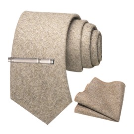 JEMYGINS Cashmere Wool Tie and Pocket Square Tie Clip Sets for Men, Brown without stripes