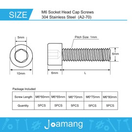 Joamang M6 x 60mm 65mm 70mm 75mm 80mm Socket Head Cap Screws Bolts, Stainless Steel 304, Metric Allen Hex Drive, Bright Finish, Fully Threaded, Assortment Kit 25PCS