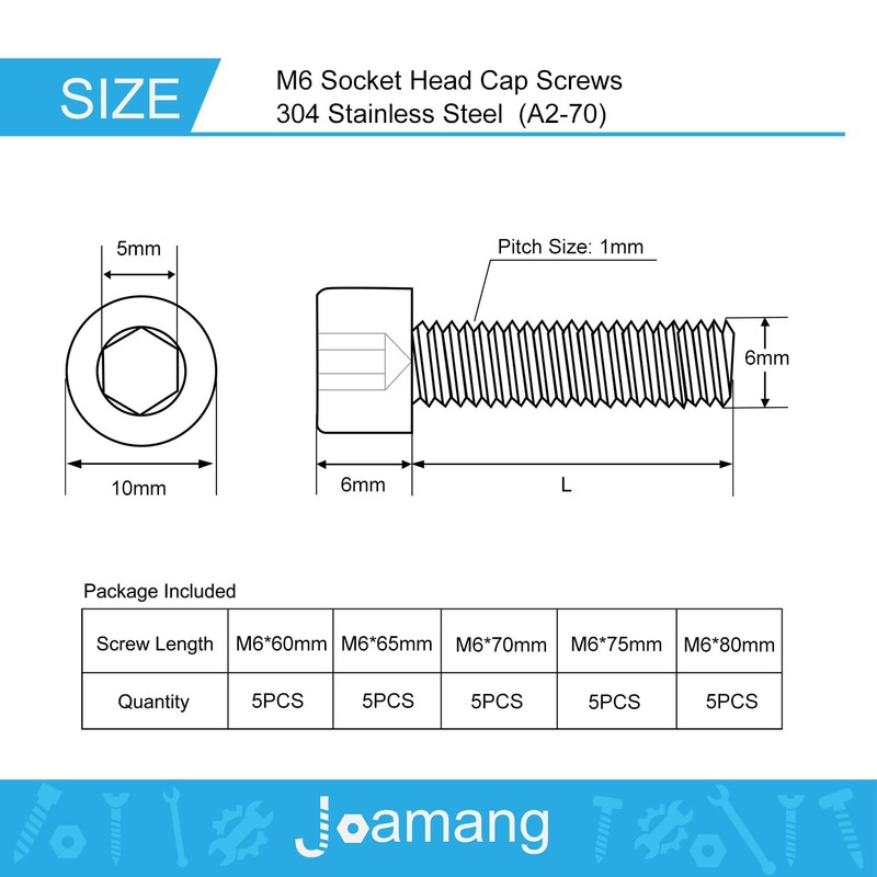 Joamang M6 x 60mm 65mm 70mm 75mm 80mm Socket Head
