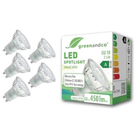 greenandco 5 x LED spotlights, GU10, 2.5 W, 450 lm, 4000 K, neutral white, 36°, 230 V, flicker-free, energy efficiency class A, not dimmable