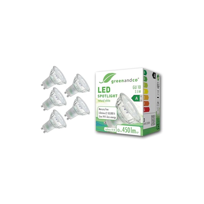 greenandco 5 x LED spotlights, GU10, 2.5 W, 450 lm,