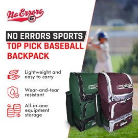 No Errors Top Pick Youth Baseball Backpack - Spacious Everyday Practice Bag for Baseball and Softball players. Holds DualGloves, 4 Bats, Helmets, and more.