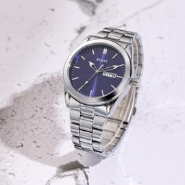 BUREI Mens Watches Fashion Silver Analog Stainless Steel Quartz Waterproof Luxury Dress Watches for Men Blue Dial, Gifts for Men (Blue face Silver)