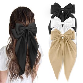 3 Pcs Silky Satin Big Hair Bows Ribbon Hair Barrettes Clip Large Bow Hair Slides Metal Clips French Barrette Long Tail Hair Accessories Soft Hairpin for Women (Black,Khaki,White)
