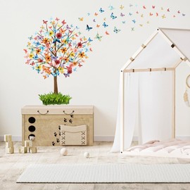 YIMEHDAN Large Colorful Butterfly Tree Wall Decal, Butterflies Flower Vinyl Wall Stickers, Removable Garden Tree Artwork for Kids Bedroom Living Room Decor