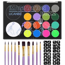 UCANBE Kit de pintura facial para niños y adultos 18 colores Paleta de pintura corporal de cara no tóxica a base de agua con pinceles y plantillas, set de pintura facial profesional para maquillaje SFX de Halloween, cosplay y disfraz